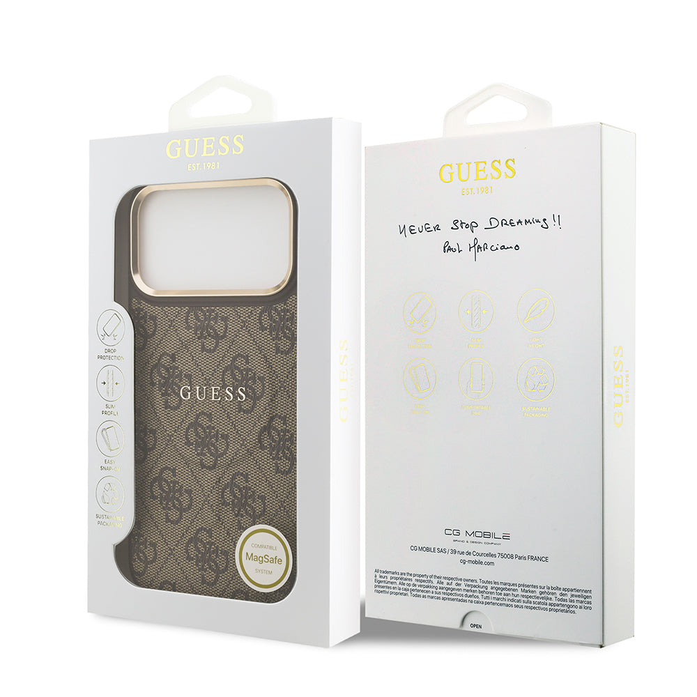 Guess iPhone 17 Pro Max Orjinal Lisanslı M-safe Şarj Özellikli Gold Metal Kamera Çerçeveli PU Deri 4G Desenli Yazı Logolu Kılıf Guess iPhone 17 Pro Max Orjinal Lisanslı M-safe Şarj Özellikli Gold Metal Kamera Çerçeveli PU Deri 4G Desenli Yazı Logolu Kılıf